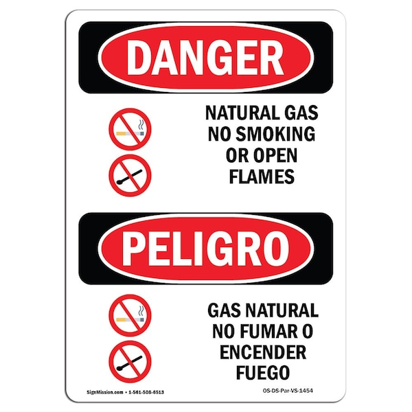 Safety Sign, OSHA Danger, 24" Height, Aluminum, Natural Gas No Smoking Bilingual Spanish